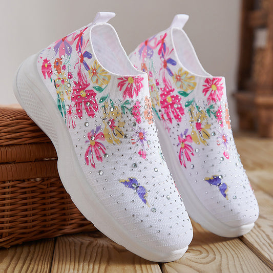 Comstylish Vintage Japanese Floral Rhinestone Casual Sneakers