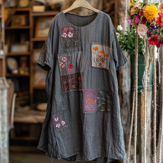 Elegant And Fashionable Floral Patch Cotton And Linen Women's Dress artswardrobe