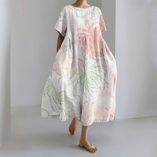 Comstylish Japanese Art Chrysanthemum Print Round Neck Short Sleeve Midi Dress