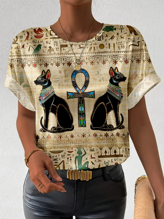 Comstylish Egyptian Cats And Ankh Cross Vintage Cozy T Shirt