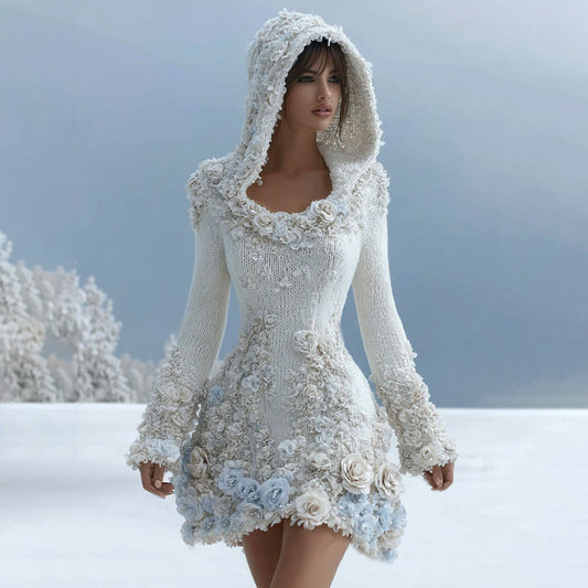 Comstylish Women Floral Art Knitted Elegant Hooded Mini Skirt