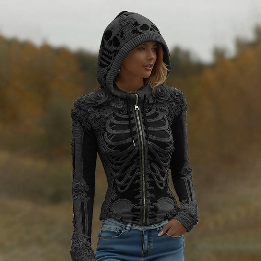 Women's Halloween Skeleton Bones With Roses Art Knitted Warm Zipper Hooded Sweater artswardrobe