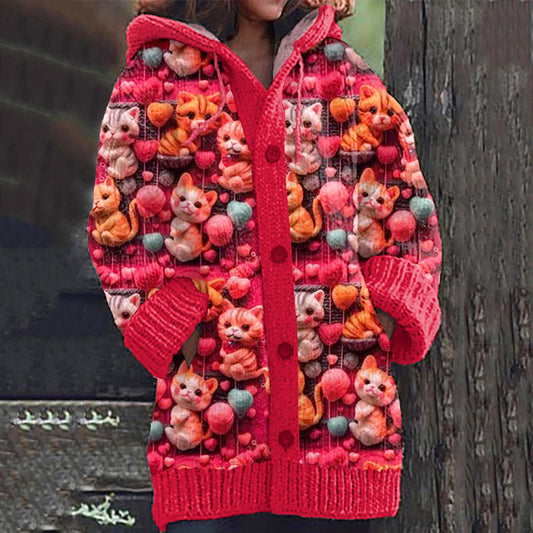 Lovely Kittens Embroidered Pattern Cozy Hooded Knit Sweater elevenforest