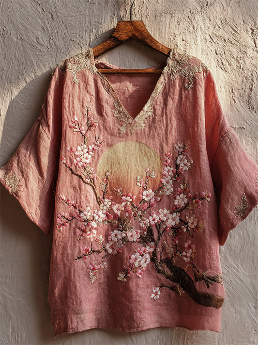 Comstylish Japanese Cherry Blossom Full Moon Embroidered Linen Tunic