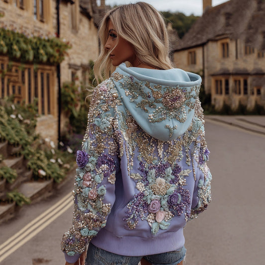 Comstylish Vintage Floral Embroidery Gradient Art Casual Hooded