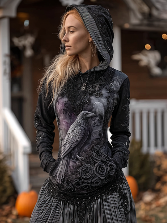 Comstylish Halloween Dark Crow Witch Design Women's Hooded Close-fitting Top