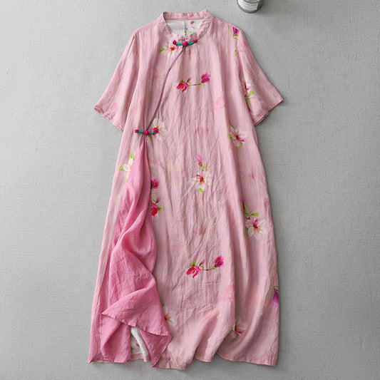Comstylish Vintage Japanese Art Floral Button Cotton Linen Maxi Dress