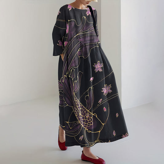 Comstylish Japanese Art Fish Print Loose Midi Dress