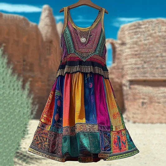 Vintage Colorful Holiday Hippie Contrast Color Midi Dress artswardrobe