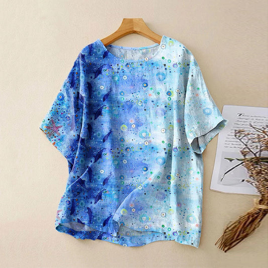 Women's Vintage Ocean Art Print Casual Linen Crew Neck Shirt artswardrobe