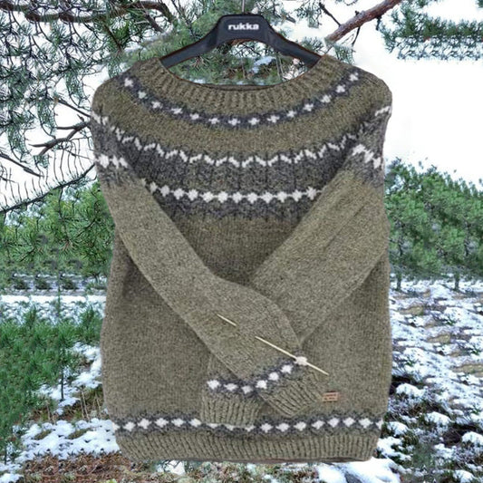 Vintage Army Green Icelandic Knit Jacquard Warmth Crew Neck Sweater Unisex elevenforest