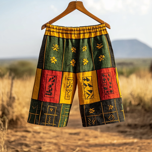 Men's Tribal Geometric Black Pride Juneteenth Art Casual Linen Shorts artswardrobe