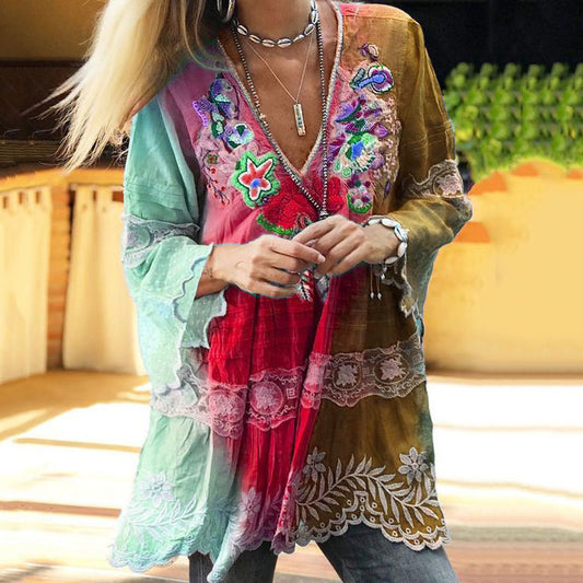 Vintage Boho Purple Floral Embroidered  Color Block Patchwork Linen V-neck Tunic artswardrobe