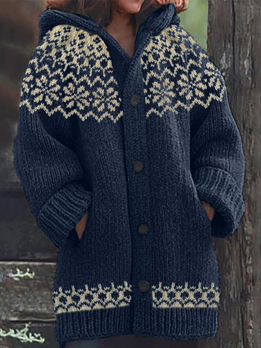 Vintage Jacquard Cozy Icelandic Knit Hooded Cardigan artswardrobe