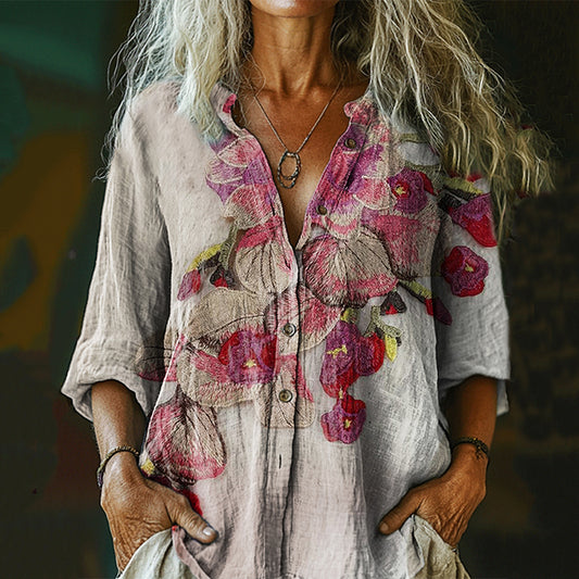 Comstylish Women's Vintage Floral Art Print Casual Cotton And Linen Shirt