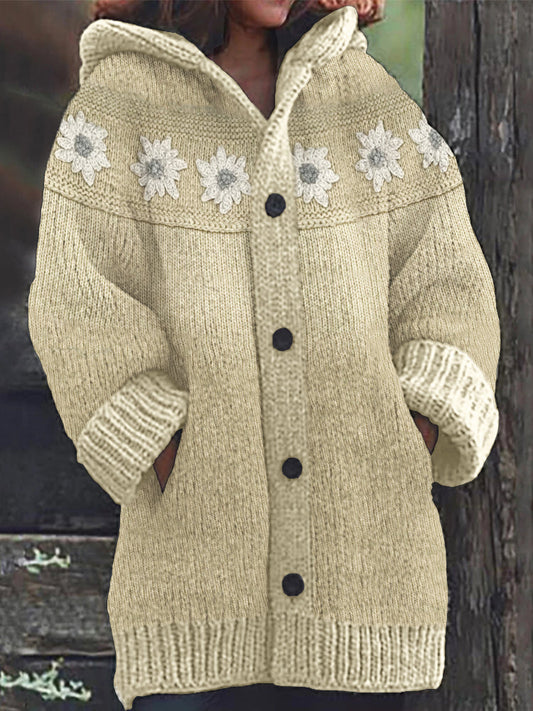 Vintage Flowers Crochet Yoke Cozy Knit Hooded Cardigan artswardrobe
