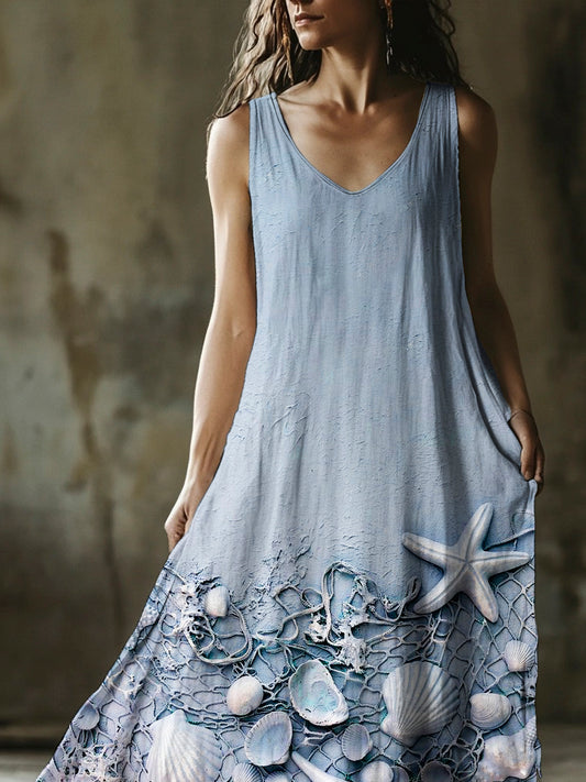 Boho Marine Embossed Art Women's V-neck Vest Dress artswardrobe
