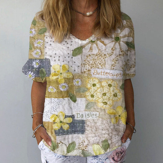 Boho Daisy Flower Patchwork Art Vintage Women's Linen T-shirt artswardrobe
