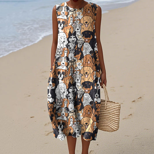 Women's Dog Art Print Crew Neck Tank Midi Dress artswardrobe
