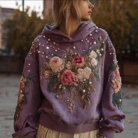 Comstylish Bohemian Style Plant And Flower Embroidery Pattern Women's Hooded Sweatshirt