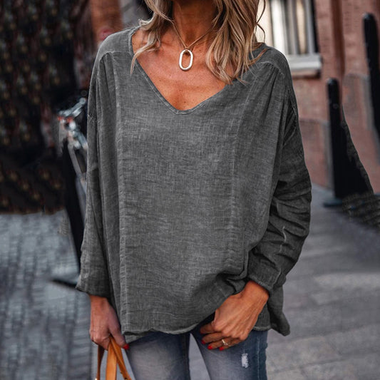 Women's Retro Solid Color Long Sleeve Linen V Neck T-shirt artswardrobe