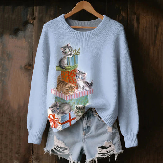 Women's Christmas Gift Cat Print Cozy Knit Sweater elevenforest