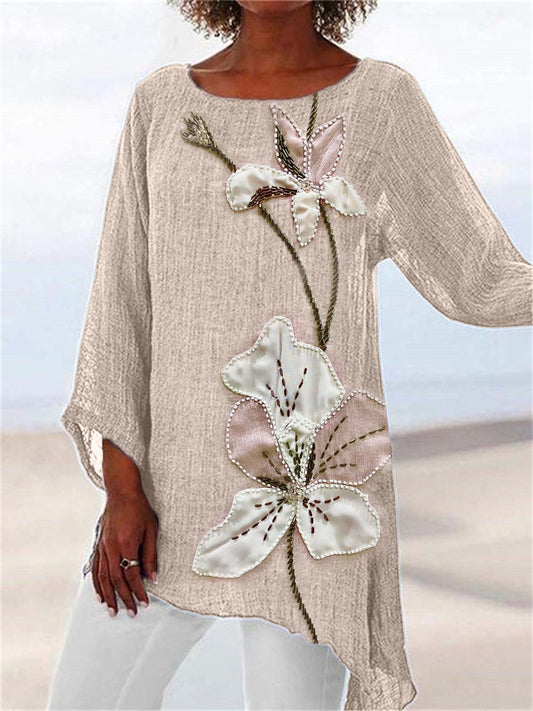 Comstylish Classy Flowers Fiber Art Linen Blend Flowy Tunic