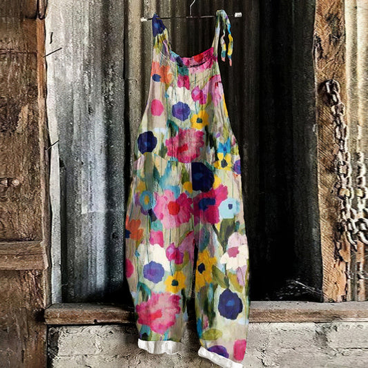 Vintage Colorful Floral Linen Blend Loose Casual Jumpsuit artswardrobe