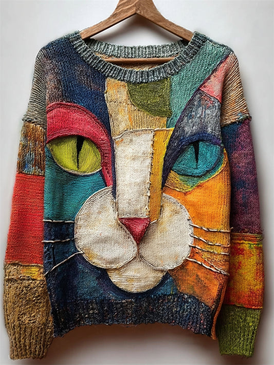 Comstylish Cat Face Inspired Colorblock Art Cozy Knit Sweater