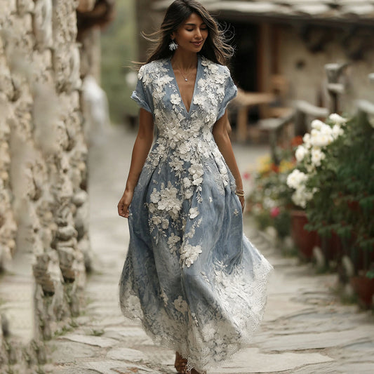 Women's Vintage Floral Embroidery Art Pattern Casual Maxi Dress artswardrobe