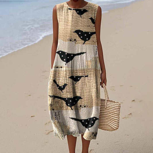 Women's Vintage Floral And Bird Art Embroidery Cotton And Linen Dress artswardrobe