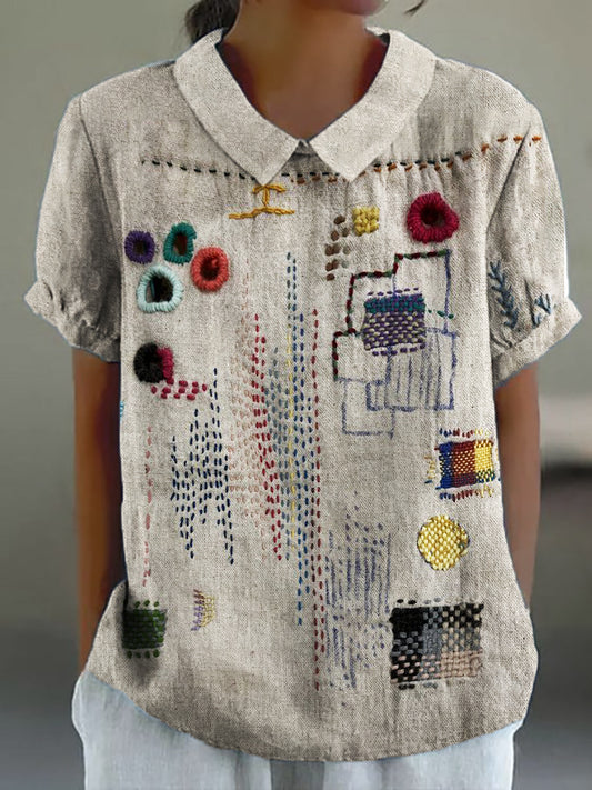Comstylish Colorful Embroidered Japanese Sashiko Art Linen Blend Shirt