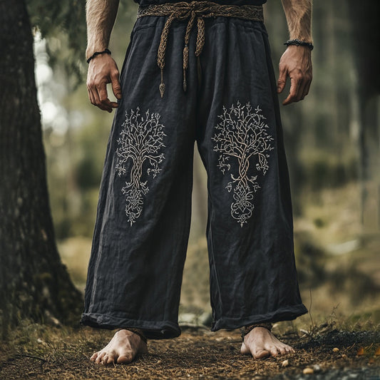 Vintage Life Of Tree Embroidery Art Linen Loose Wide-leg Pants artswardrobe