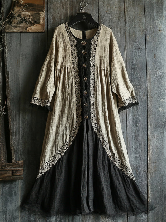 Vintage Lace Hem Contrast Linen Maxi Dress artswardrobe