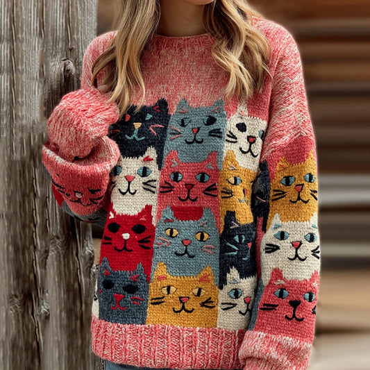 Women's Colorful Cats Pattern Art Cozy  Knit Sweater elevenforest