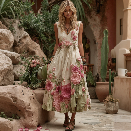 Women Vintage Floral Embroidery Art V Neck Linen Maxi Dress artswardrobe