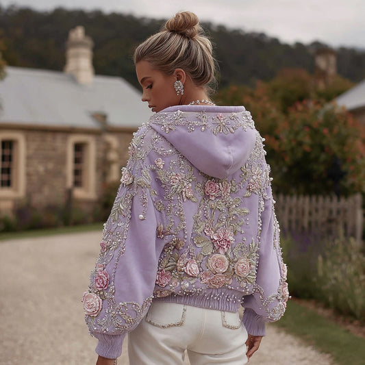 Comstylish Women's Vintage Rose Pearl Embroidered Comfort Hoodie