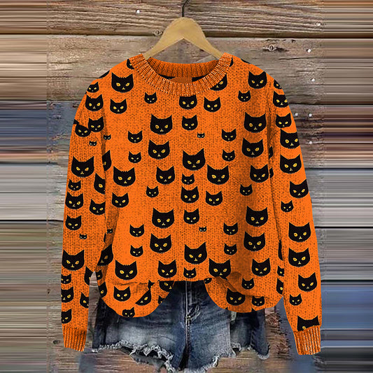 Halloween Cat Print Knitted Pullover Sweater elevenforest
