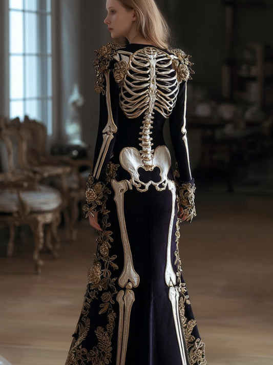 Comstylish Women's Halloween Human Anatomy Art Gothic Round Neck Long Sleeve Dress