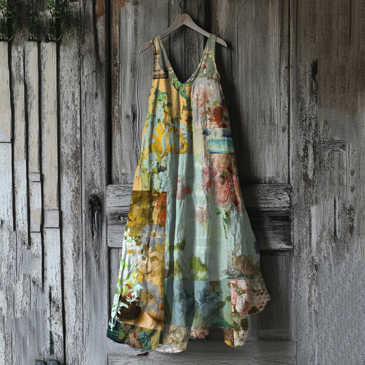 Vintage Floral Art Linen Blend Tank Midi Dress artswardrobe