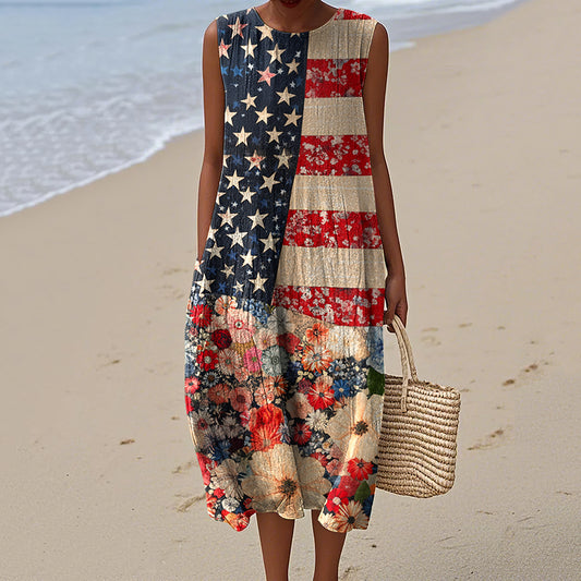 Vintage Independence Day American Flag Patch Floral & Paisley 4th Of July Art Linen Tank Dress artswardrobe