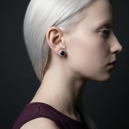 Black Diamond Halo Stud Earrings in Sterling Silver
