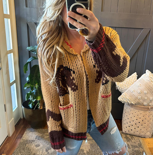 Vintage Western Horse Pattern Cozy Knit Cardigan artswardrobe