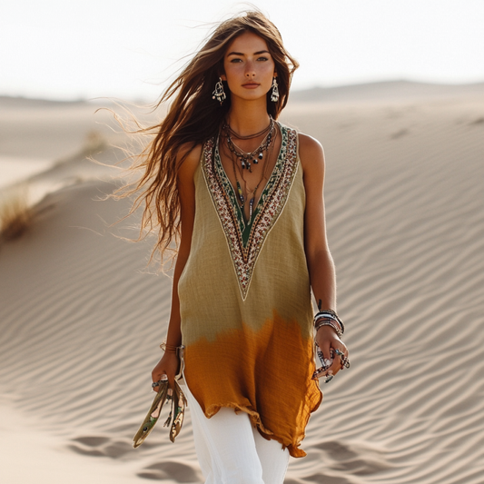 Women's Retro Loose Bohemia Ethnic Style Gradient Art  Linen Suspender Sleeveless Top artswardrobe