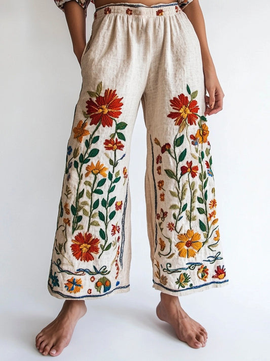 Bohemian Ethnic Floral Embroidery Women's Linen Trouser artswardrobe