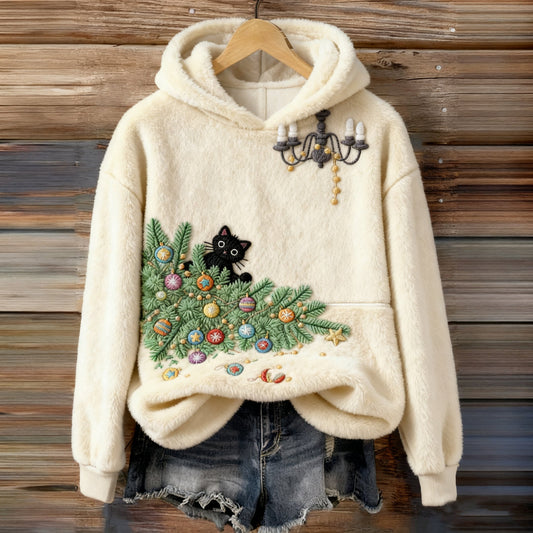 Women's Naughty Black Cat Knocks Over Christmas Tree Comfort Flannel Hoodie elevenforest