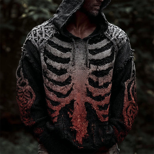 Men's Bloody Skeleton Gradient Celtic Cozy Knit Hooded Sweater artswardrobe