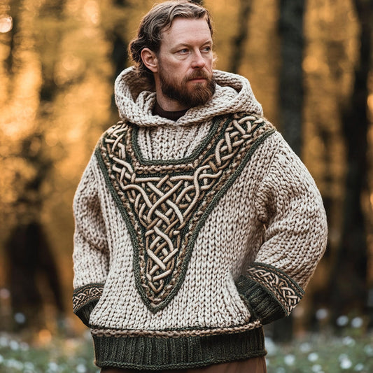 Men's Vintage Celtic Knot Knit Hooded Sweater elevenforest