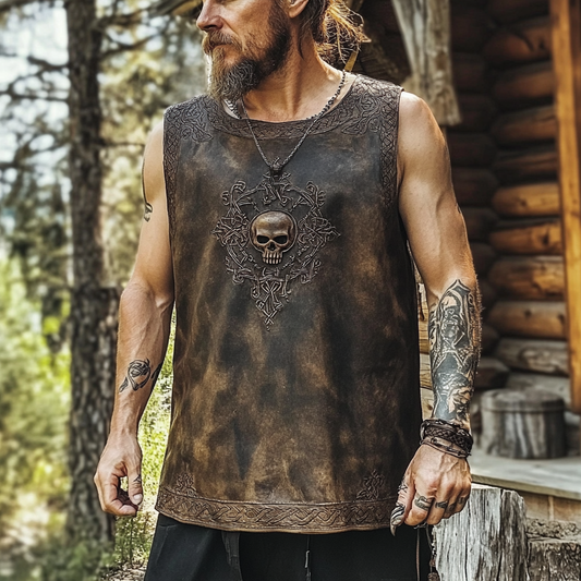 Men's Distressed Viking Skull Rune Leather Casual Vest artswardrobe