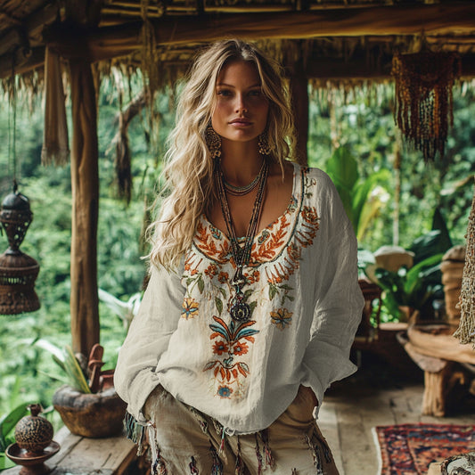 Vintage Bohemian Floral Embroidery Linen Blend Shirt artswardrobe